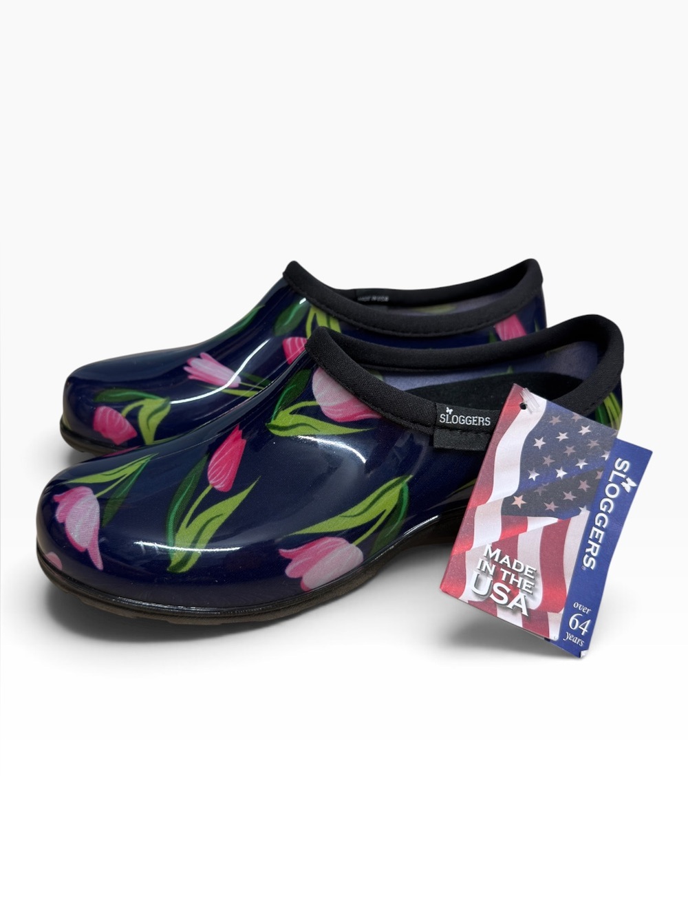 Sloggers Tulip Garden Shoes Women Size 9 Navy Pink Waterproof Clogs New USA Made